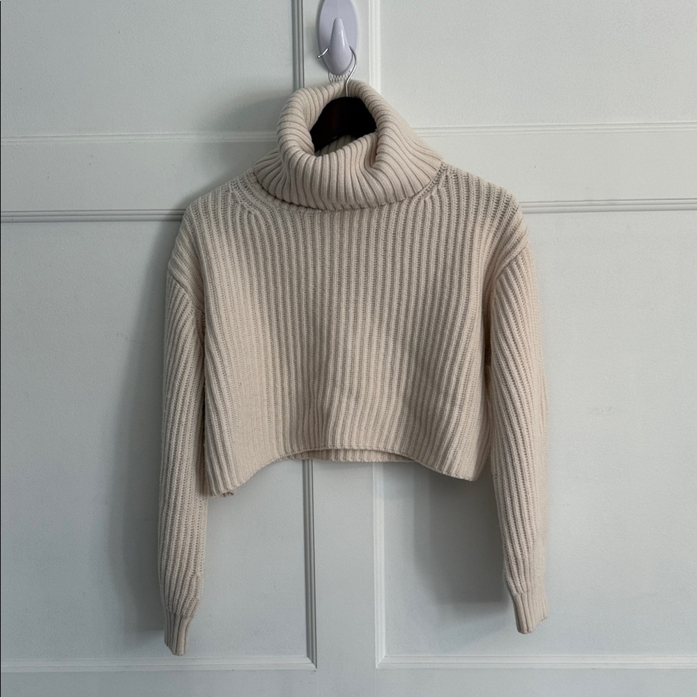 Babaton Ribbed Cream Merino Wool Turtleneck Sweater